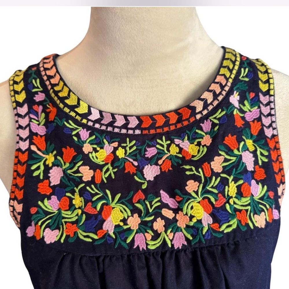 J Crew Navy Blue Floral Embroidered Linen Cotton Blend Shift Dress - Size 2 - Picture 2 of 8
